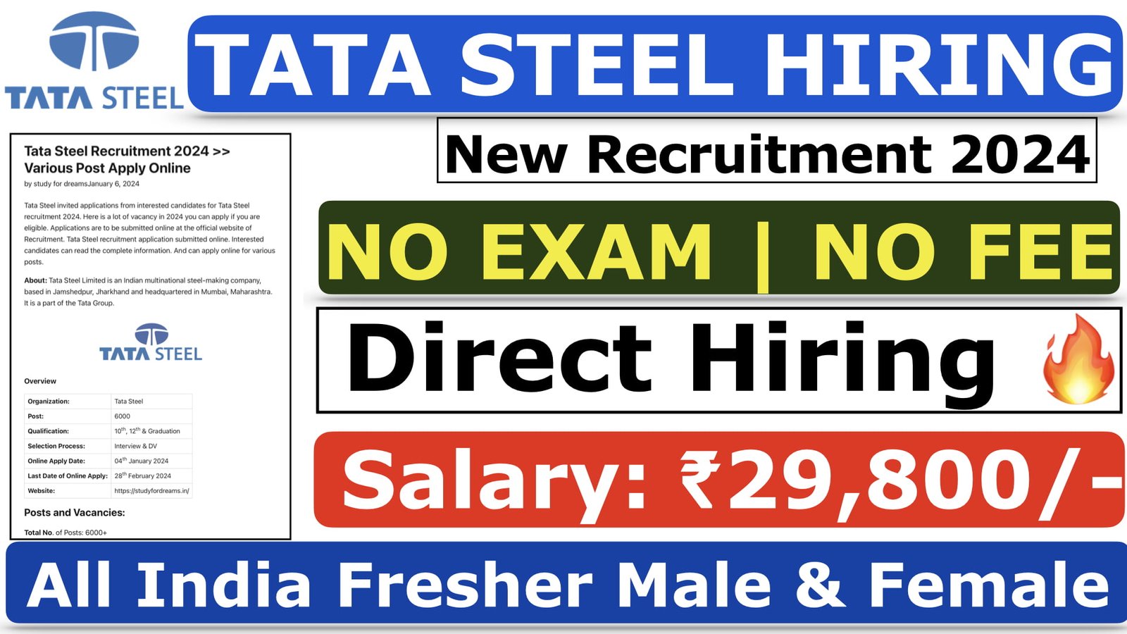 Tata Steel Recruitment 2024 >> Various Post Apply Online Study For Dreams