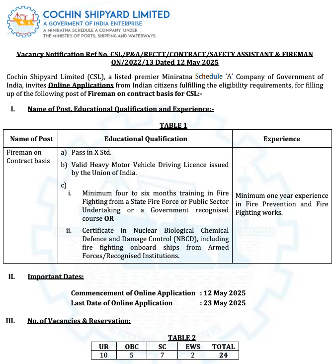 CSL Fireman Recruitment 2025 CSL Fireman Recruitment 2025