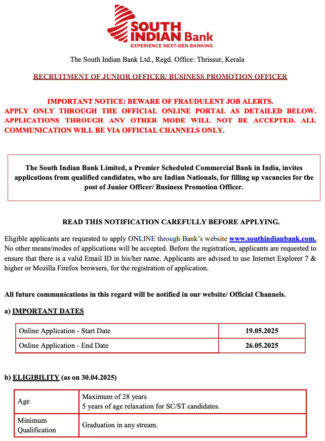 South Indian Bank Recruitment 2025 South Indian Bank Recruitment 2025